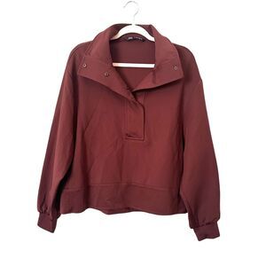 ZARA Snap Button‎ Pullover Satin-Like Sweatshirt Brown Small